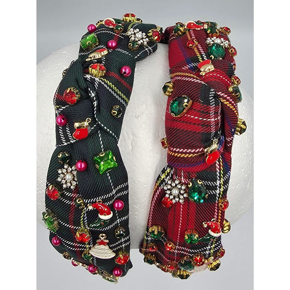 Womens Wide Hair Headbands Christmas Plaid Jeweled Dazzled Holiday Festive - Picture 3 of 8